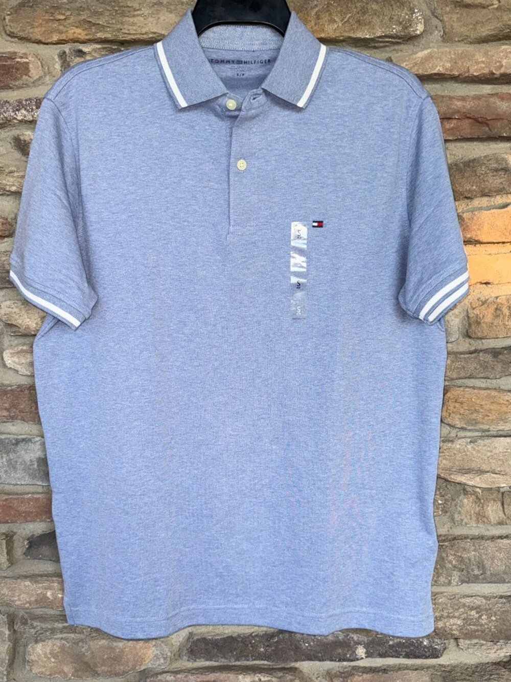 TOMMY HILFIGER Regular Fit Tipped Polo Men's Sm Large Heathered Blue NWT